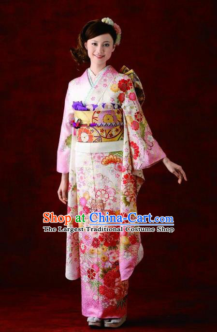 Japanese Traditional Printing Peony Pink Furisode Kimono Asian Japan Costume Geisha Yukata Dress for Women