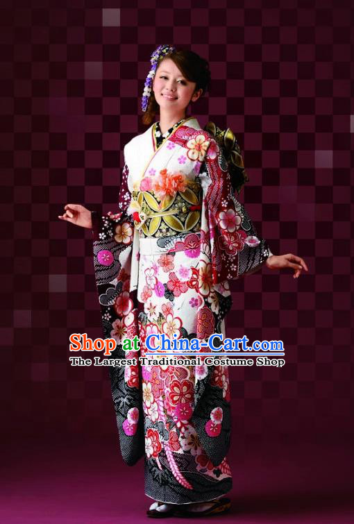 Japanese Traditional Printing Sakura Furisode Kimono Asian Japan Costume Geisha Yukata Dress for Women