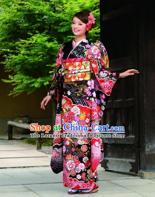 Japanese Traditional Printing Peony Iromuji Black Furisode Kimono Asian Japan Costume Geisha Yukata Dress for Women
