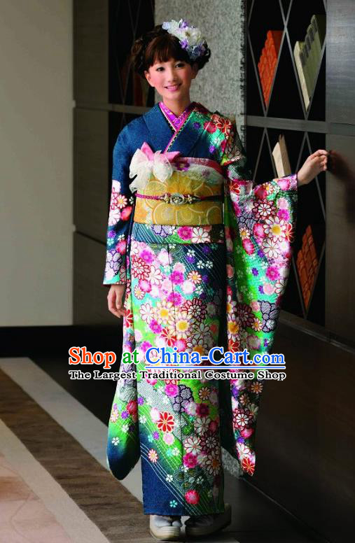 Japanese Traditional Printing Iromuji Peacock Blue Furisode Kimono Asian Japan Costume Geisha Yukata Dress for Women