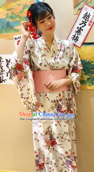 Japanese Traditional Courtesan Printing Flowers White Furisode Kimono Asian Japan Costume Geisha Yukata Dress for Women