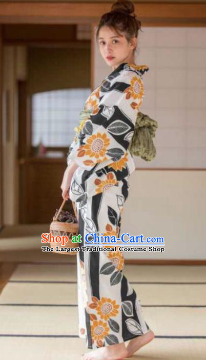 Japanese Traditional Printing Sunflower Kimono Asian Japan Costume Geisha Yukata Dress for Women