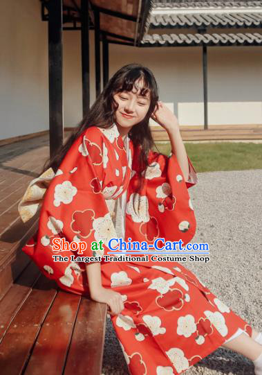Traditional Japanese Classical Printing Sakura Red Kimono Asian Japan Costume Geisha Yukata Dress for Women