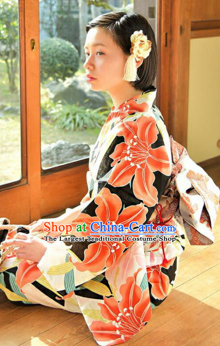 Traditional Japanese Classical Printing Lily Flowers Kimono Asian Japan Costume Geisha Yukata Dress for Women