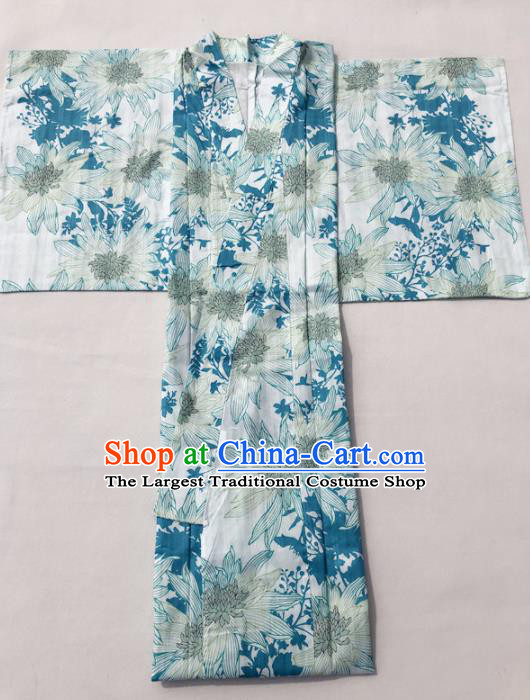 Traditional Japanese Classical Printing Dahlia Blue Kimono Asian Japan Costume Geisha Yukata Dress for Women