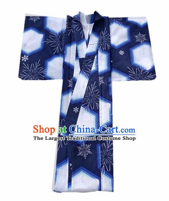 Japanese Classical Printing Snowflake Blue Kimono Asian Japan Traditional Costume Geisha Yukata Dress for Women