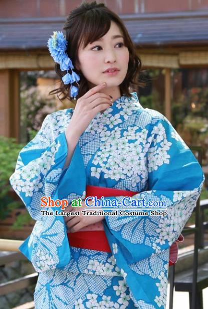 Japanese Classical Printing Hydrangea Blue Kimono Asian Japan Traditional Costume Geisha Yukata Dress for Women