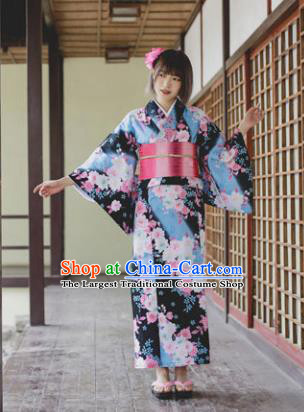 Japanese Classical Printing Sakura Kimono Asian Traditional Japan Costume Geisha Yukata Dress Complete Set for Women