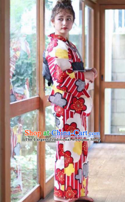 Japanese Traditional Printing Red Sakura Kimono Asian Japan Costume Geisha Yukata Dress for Women