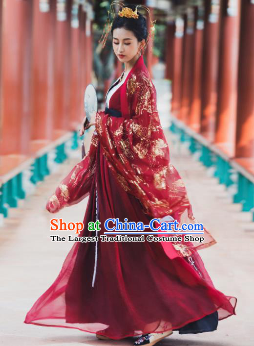 Ancient Chinese Tang Dynasty Wedding Historical Costume Traditional Court Princess Red Hanfu Dress for Women
