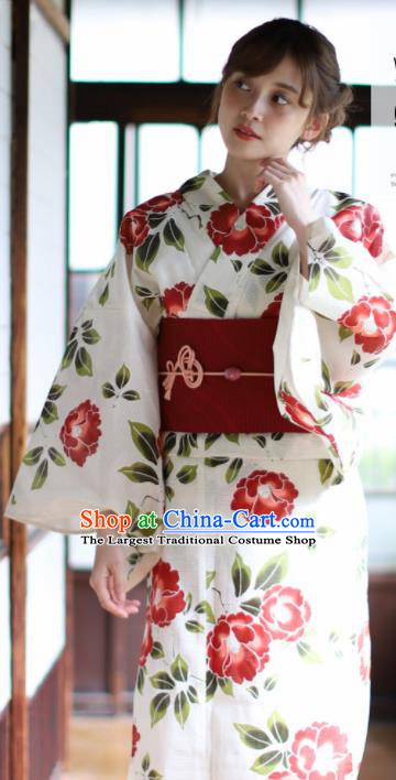 Japanese Classical Printing Red Camellia Kimono Asian Japan Traditional Costume Geisha Yukata Dress for Women