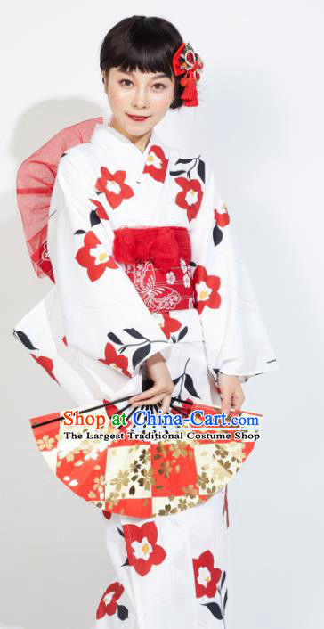 Japanese Classical Printing Sakura White Yukata Dress Asian Japan Traditional Costume Geisha Furisode Kimono for Women