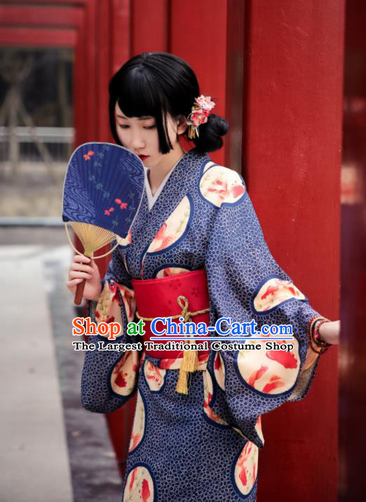 Japanese Classical Printing Navy Blue Kimono Asian Japan Traditional Costume Geisha Yukata Dress for Women