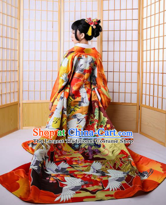 Japanese Classical Printing Cranes Red Furisode Kimono Asian Japan Traditional Costume Geisha Yukata Dress for Women