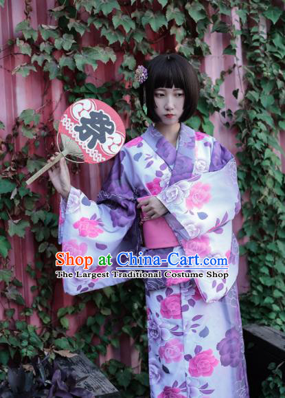 Japanese Classical Printing Peony Purple Furisode Kimono Asian Japan Traditional Costume Geisha Yukata Dress for Women