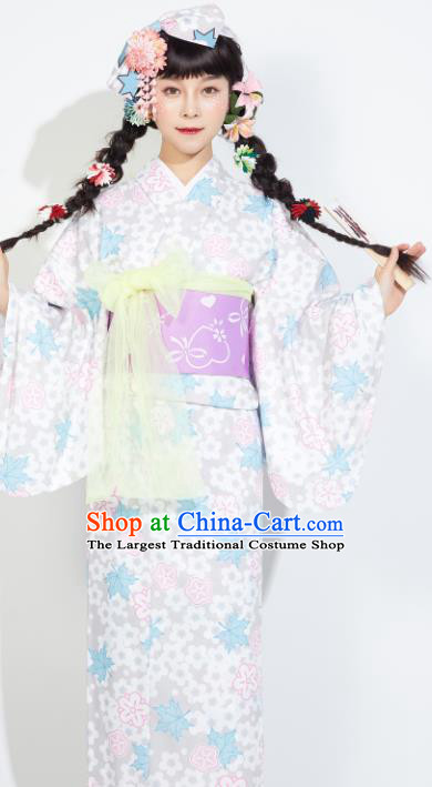 Japanese Classical Printing Maple Leaf Yukata Dress Asian Japan Traditional Costume Geisha Furisode Kimono for Women