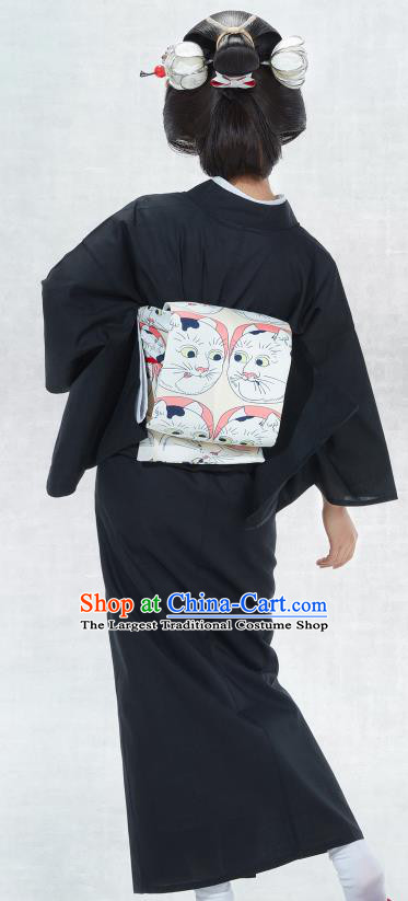 Japanese Classical Black Yukata Robe Asian Japan Traditional Costume Geisha Furisode Kimono Dress for Women