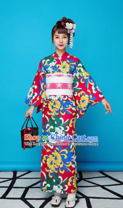 Japanese Classical Printing Chrysanthemum Red Yukata Robe Asian Japan Traditional Costume Geisha Furisode Kimono Dress for Women