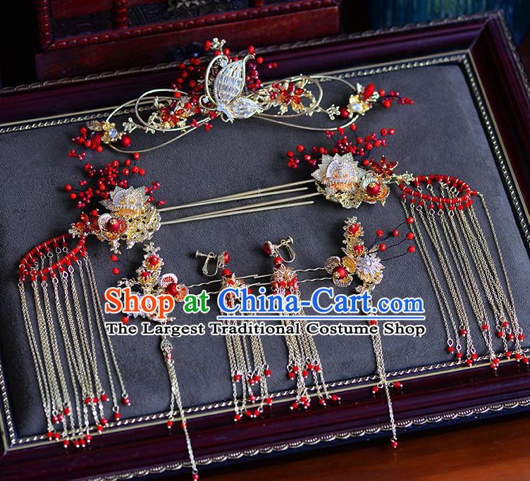 Traditional Chinese Ancient Bride Tassel Hairpins Butterfly Hair Comb Handmade Wedding Hair Accessories for Women