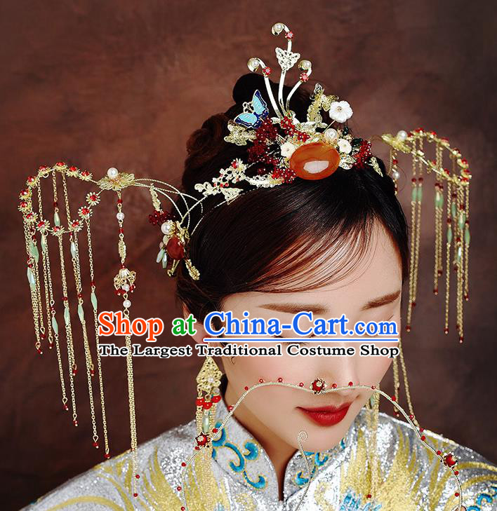 Traditional Chinese Ancient Bride Tassel Hairpins Phoenix Coronet Handmade Wedding Hair Accessories for Women