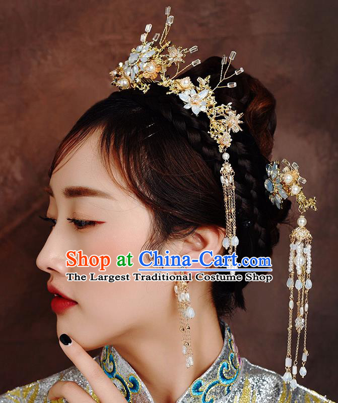 Traditional Chinese Ancient Bride Hairpins Tassel Opal Hair Clasp Handmade Wedding Hair Accessories for Women