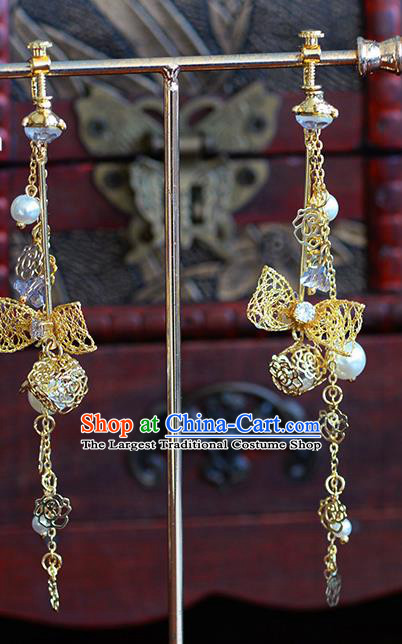 Traditional Chinese Ancient Palace Golden Bowknot Earrings Handmade Wedding Ear Accessories for Women