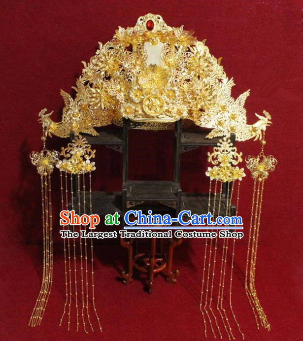Traditional Chinese Ancient Queen Hanfu Luxury Golden Jade Phoenix Coronet Bride Hairpins Handmade Wedding Hair Accessories for Women