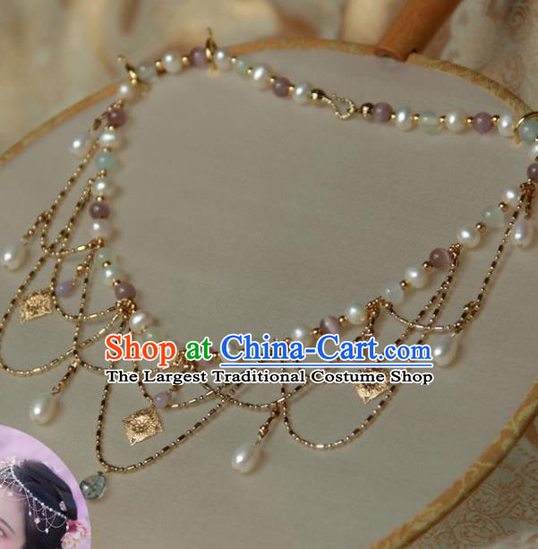 Traditional Chinese Ancient Palace Pearls Tassel Necklace Handmade Hanfu Wedding Jewelry Accessories for Women