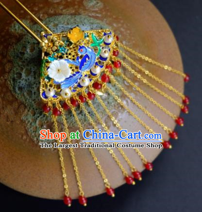 Traditional Chinese Ancient Princess Blueing Birds Tassel Hair Clip Hairpins Handmade Hanfu Hair Accessories for Women