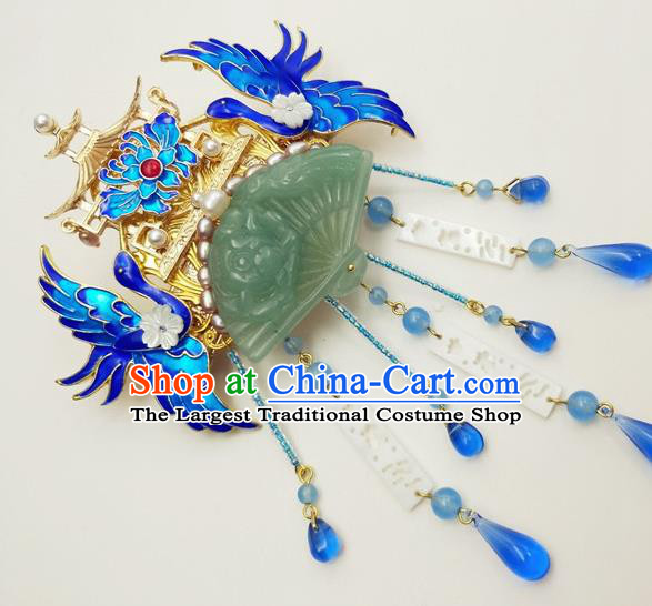 Traditional Chinese Ancient Queen Hanfu Cloisonne Crane Hair Crown Jade Hairpins Handmade Wedding Hair Accessories for Women