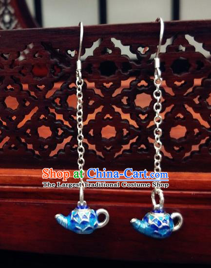 Traditional Chinese Ancient Hanfu Cloisonne Teapot Tassel Earrings Handmade Wedding Jewelry Accessories for Women