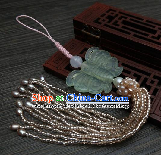 Traditional Chinese Ancient Jade Butterfly Brooch Handmade Hanfu Palace Breastpin Tassel Pendant for Women