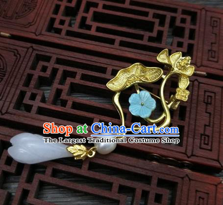 Traditional Chinese Ancient Golden Lotus Brooch Handmade Hanfu Palace Breastpin Tassel Pendant for Women