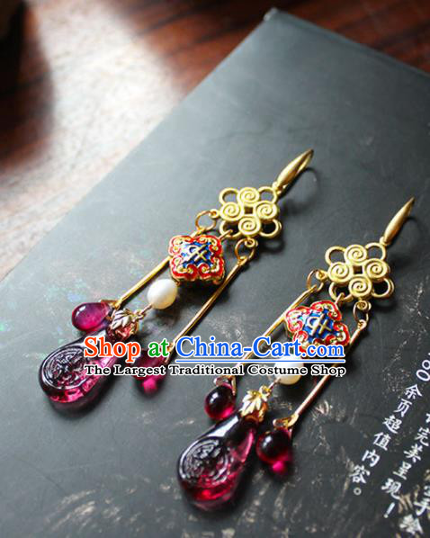 Handmade Chinese Ancient Princess Cloisonne Red Earrings Traditional Hanfu Jewelry Accessories for Women
