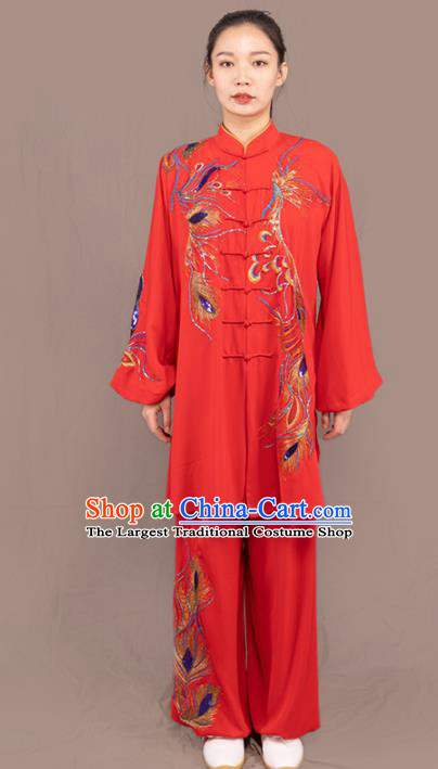 Traditional Chinese Martial Arts Embroidered Phoenix Red Costume Professional Tai Chi Competition Kung Fu Uniform for Women