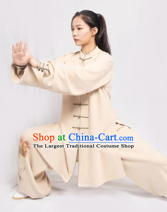 Traditional Chinese Martial Arts Printing Peony Beige Costume Professional Tai Chi Competition Kung Fu Uniform for Women