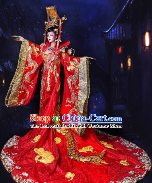 Traditional Chinese Cosplay Queen Red Costume Stage Show Modern Fancywork Dress for Women