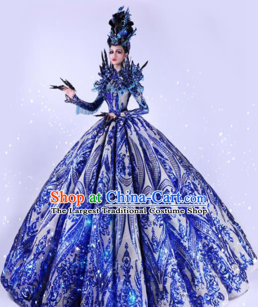 Handmade Modern Fancywork Cosplay Queen Blue Full Dress Halloween Stage Show Fancy Ball Costume for Women