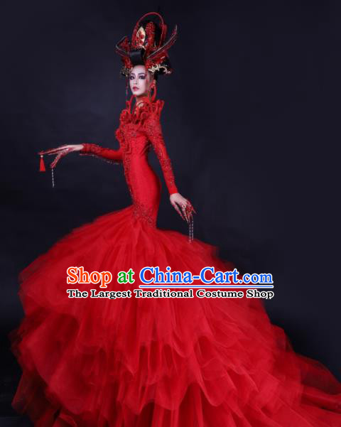 Handmade Modern Fancywork Cosplay Red Veil Trailing Full Dress Halloween Stage Show Fancy Ball Costume for Women