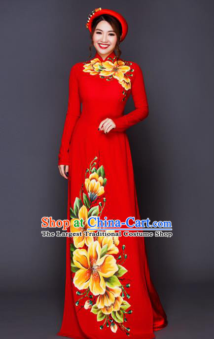 Vietnam Traditional National Costume Court Printing Flowers Red Ao Dai Dress Asian Vietnamese Cheongsam for Women