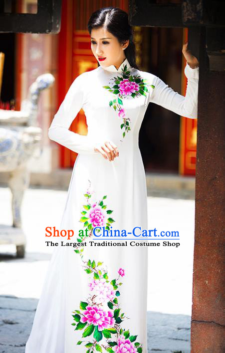 Vietnam Traditional National Costume Court Printing White Ao Dai Dress Asian Vietnamese Cheongsam for Women