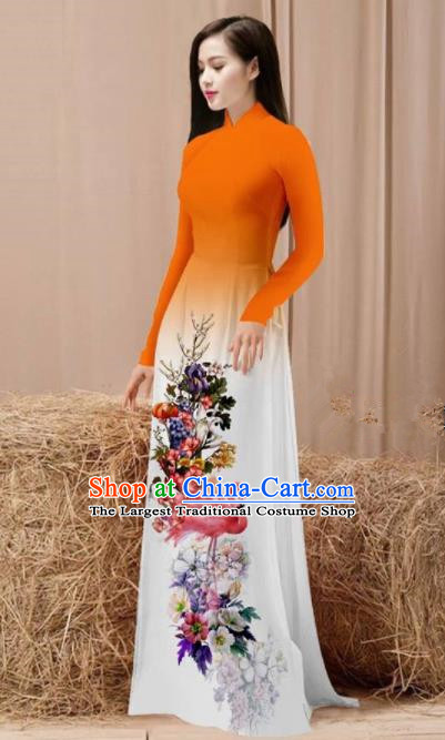 Vietnam Traditional National Costume Printing Flamingo Flowers Orange Ao Dai Dress Asian Vietnamese Cheongsam for Women