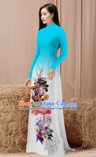 Vietnam Traditional National Costume Printing Flamingo Flowers Blue Ao Dai Dress Asian Vietnamese Cheongsam for Women