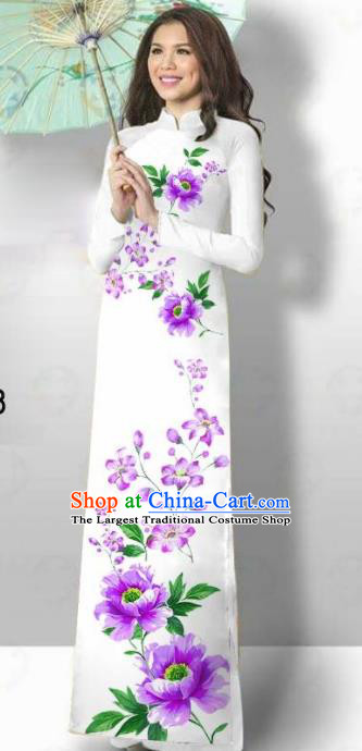 Vietnam Traditional Court Costume Printing Purple Flowers Ao Dai Dress Asian Vietnamese Cheongsam for Women