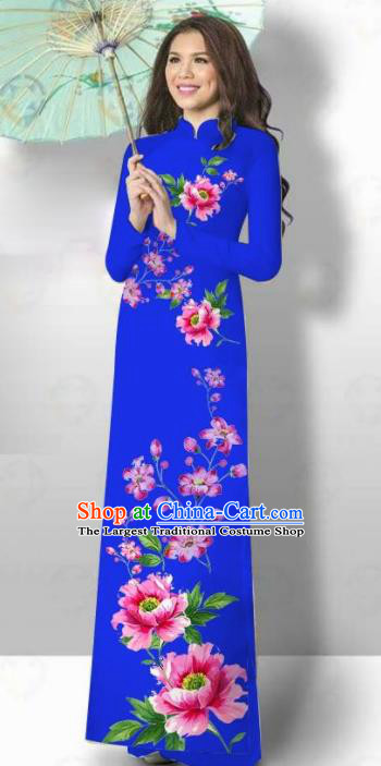 Vietnam Traditional Court Costume Printing Flowers Royalblue Ao Dai Dress Asian Vietnamese Cheongsam for Women