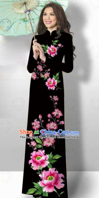 Vietnam Traditional Court Costume Printing Flowers Black Ao Dai Dress Asian Vietnamese Cheongsam for Women