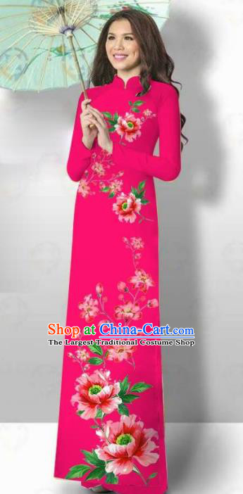 Vietnam Traditional Court Costume Printing Flowers Rosy Ao Dai Dress Asian Vietnamese Cheongsam for Women