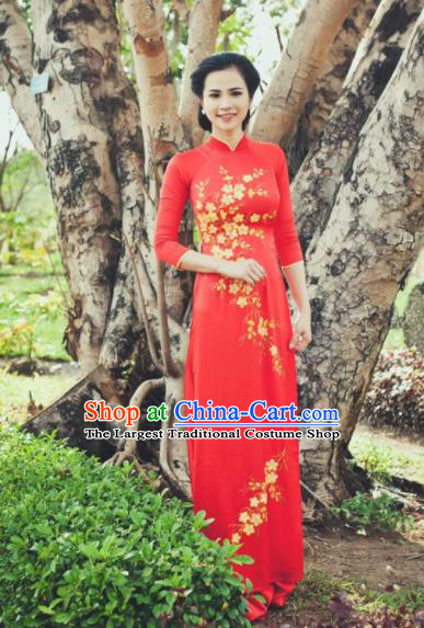 Vietnam Traditional Court Costume Wedding Red Ao Dai Dress Asian Vietnamese Cheongsam for Women