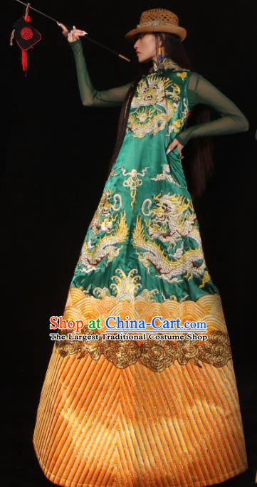 Chinese National Cheongsam Costume Traditional Tang Suit Green Brocade Qipao Dress for Women