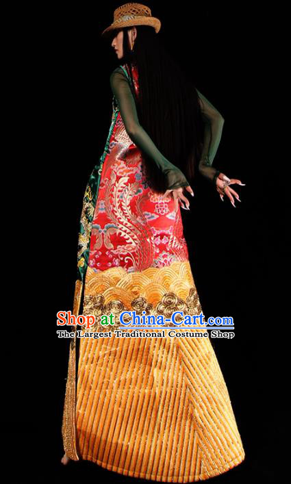 Chinese National Cheongsam Costume Traditional Tang Suit Red Brocade Qipao Dress for Women